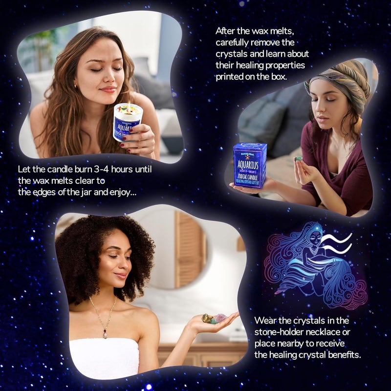 Dancing Bear Aquarius Zodiac Candle Gift Box Set with 3 Healing Crystals & Stone Holder Necklace, 100% Soy Scented Wax, Crackling Wood Wick, 45 Hour Burn Time - Image 4